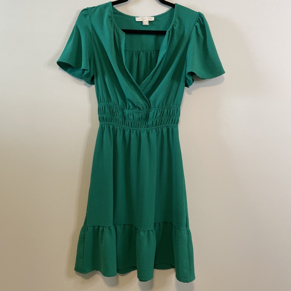 Monteau Los Angeles S Green Faux Wrap Dress Flutter Sleeve Fit Flare
